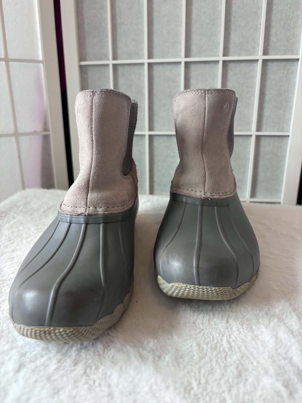Sperry Gray Rubber Duck Boots with Taupe Suede Shaft